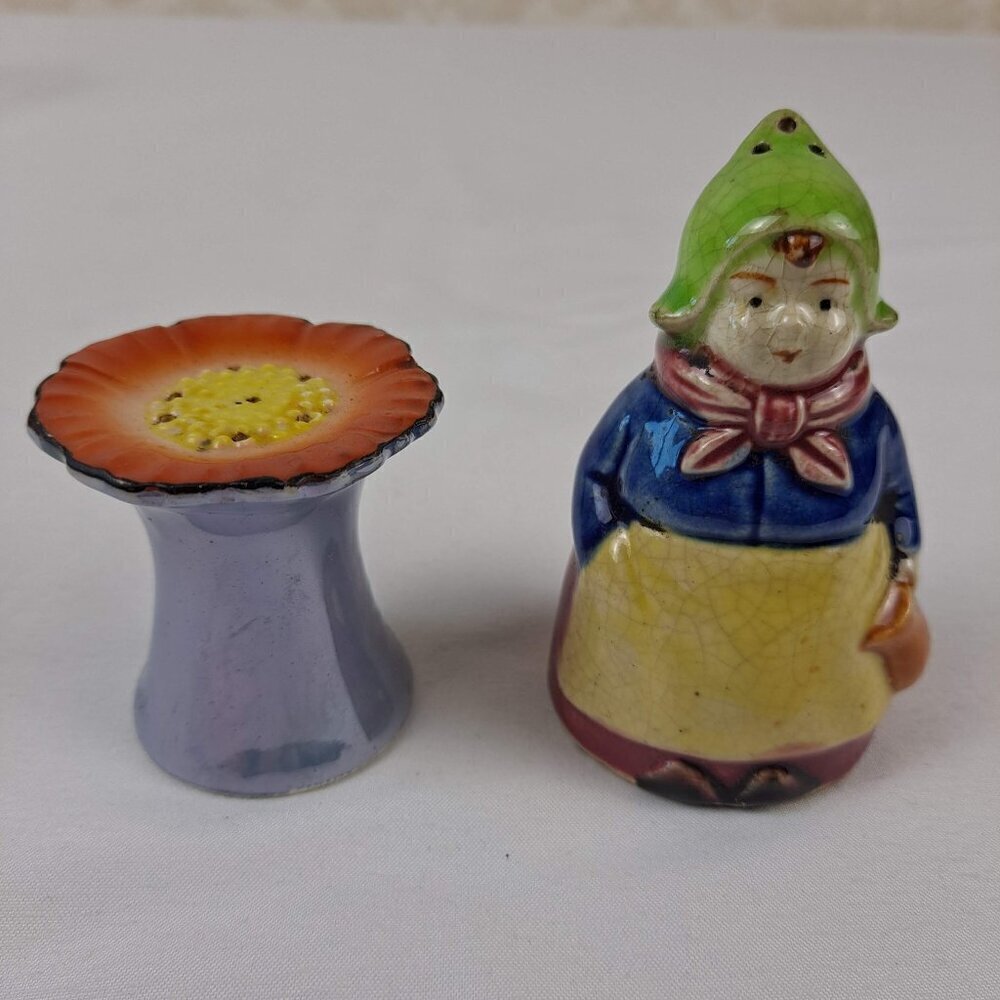 Vintage Dutch Girl and Flowe Salt & Pepper Shaker Set Ceramic Made in Japan